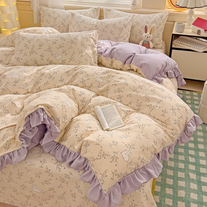 91家纺网 家纺一手货源 找家纺 纽缦家纺 2026新款云感提花双层纱韩版床单三件套四件套 森田野园