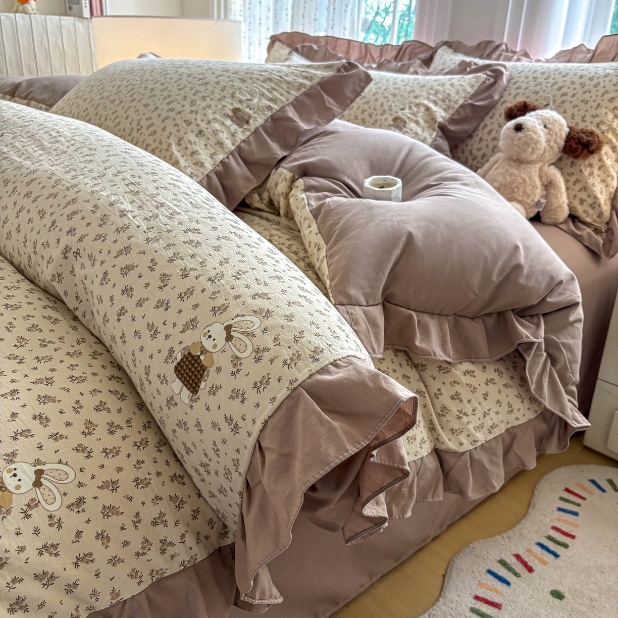 91家纺网 家纺一手货源 找家纺 （总）铠畅 2026春夏新款锦朵系列 韩版水洗棉小清新古棉床单床笠四件套