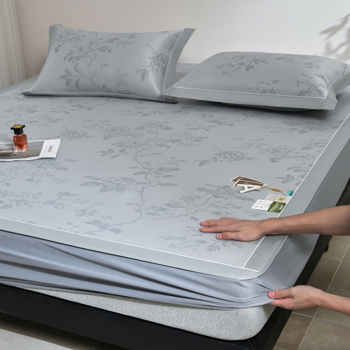 91家纺网 家纺一手货源 找家纺 （总）小牛席业 2026新款【实拍风格】牡丹画蔓大提花冰丝席（床笠款）凉席竹席藤席冰藤席乳胶席豆豆席