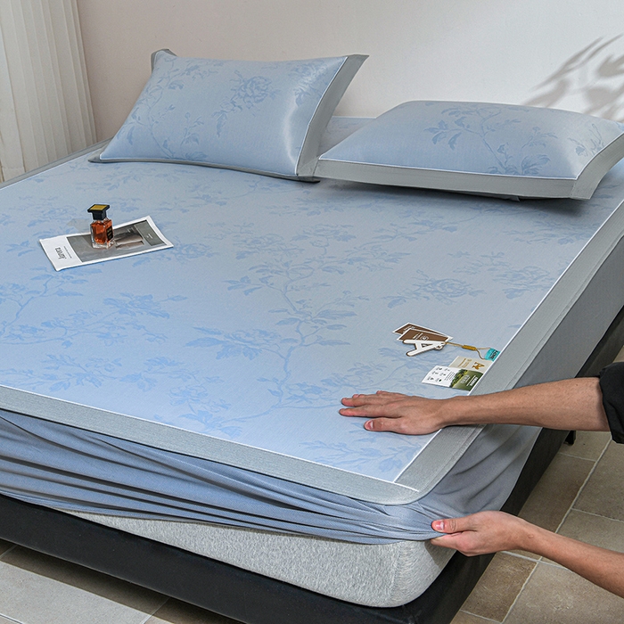 小牛席业 2026新款【实拍风格】牡丹画蔓大提花冰丝席（床笠款）凉席竹席藤席冰藤席乳胶席豆豆席 蓝色