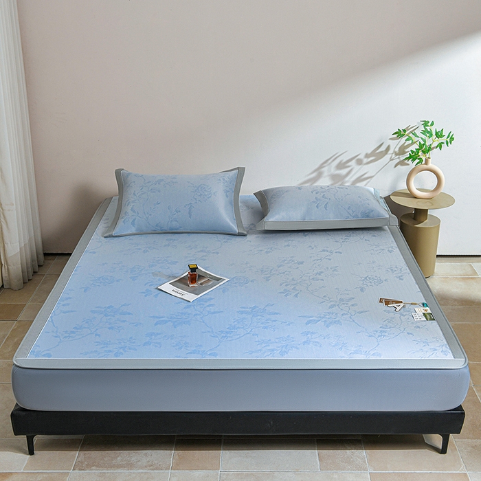 91家纺网 家纺一手货源 找家纺 小牛席业 2026新款【实拍风格】牡丹画蔓大提花冰丝席（床笠款）凉席竹席藤席冰藤席乳胶席豆豆席 蓝色