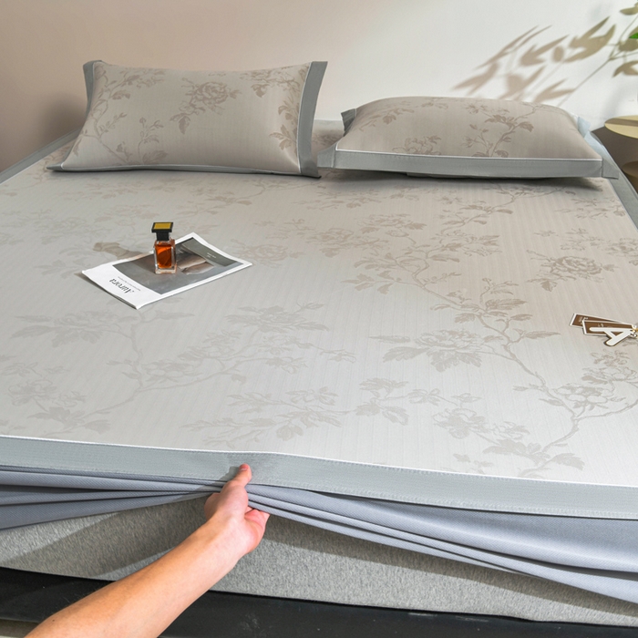 91家纺网 家纺一手货源 找家纺 小牛席业 2026新款【实拍风格】牡丹画蔓大提花冰丝席（床笠款）凉席竹席藤席冰藤席乳胶席豆豆席 香槟