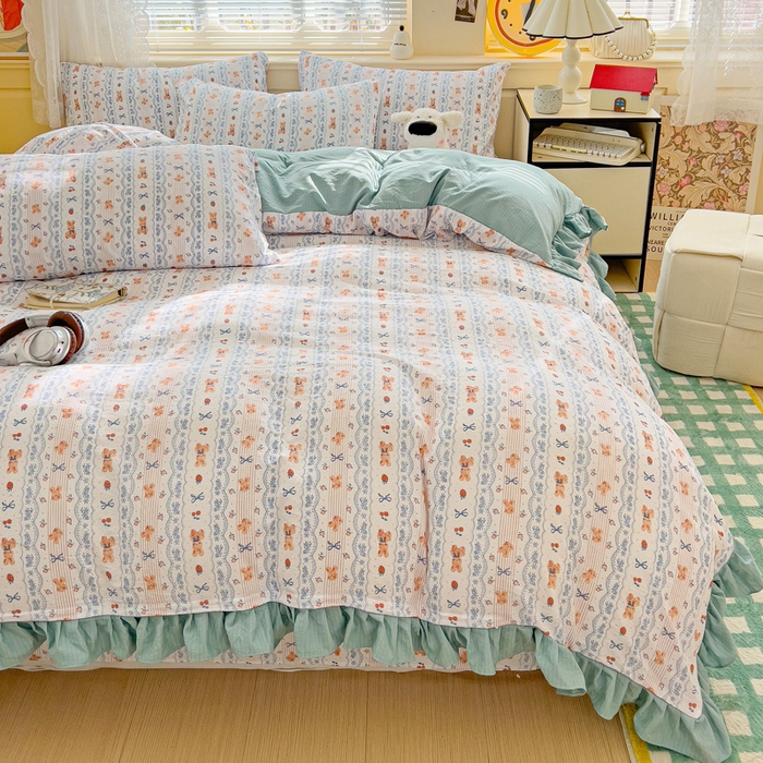 91家纺网 家纺一手货源 找家纺 纽缦家纺 2026新款云感提花双层纱韩版床单三件套四件套 他和她的兔