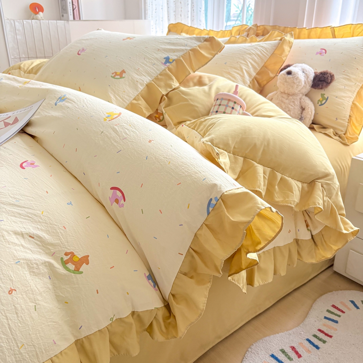 91家纺网 家纺一手货源 找家纺 （总）铠畅 2026春夏新款锦朵系列 韩版水洗棉小清新古棉床单床笠四件套