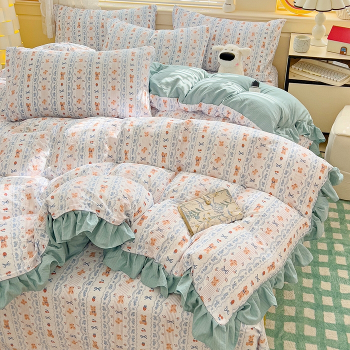 91家纺网 家纺一手货源 找家纺 纽缦家纺 2026新款云感提花双层纱韩版床单三件套四件套 他和她的兔