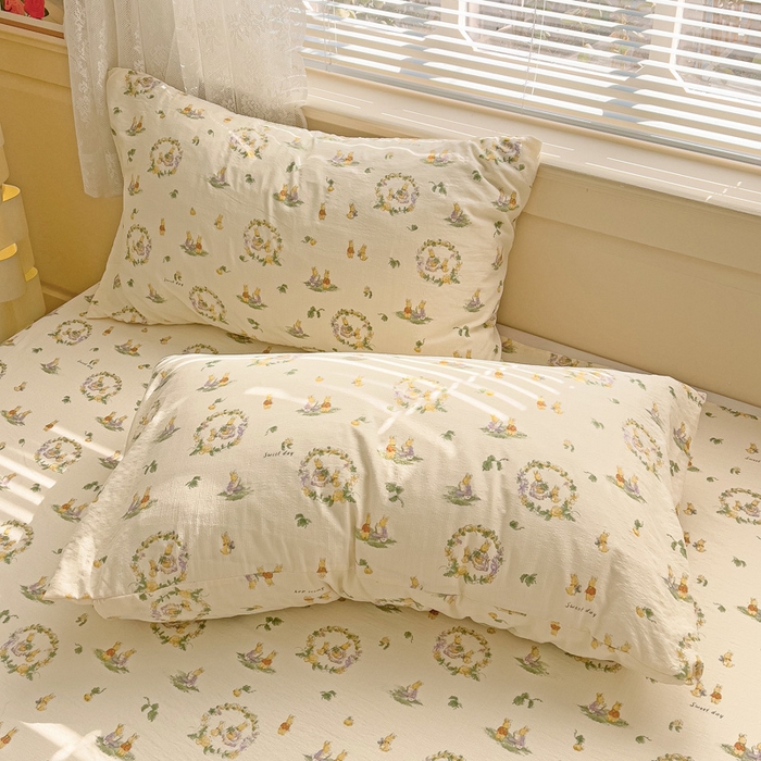 91家纺网 家纺一手货源 找家纺 纽缦家纺 2026新款云感提花双层纱韩版床单三件套四件套 兔子的欢喜