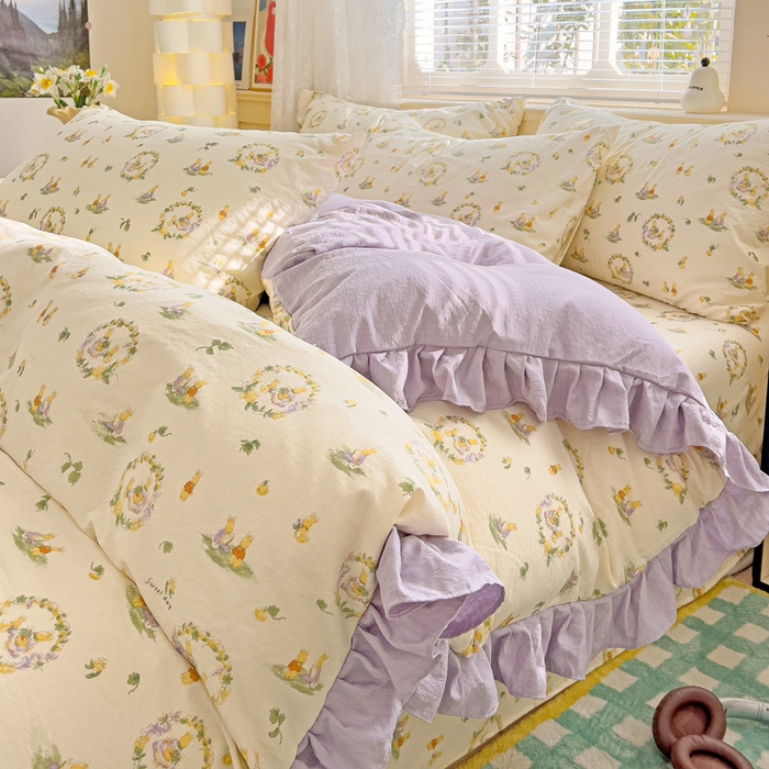 91家纺网 家纺一手货源 找家纺 纽缦家纺 2026新款云感提花双层纱韩版床单三件套四件套 兔子的欢喜