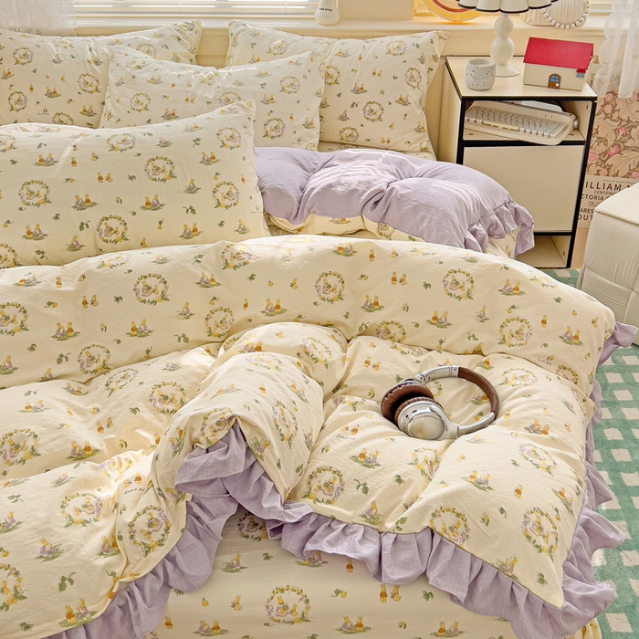 91家纺网 家纺一手货源 找家纺 纽缦家纺 2026新款云感提花双层纱韩版床单三件套四件套 兔子的欢喜