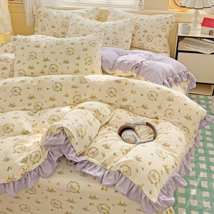 91家纺网 家纺一手货源 找家纺 纽缦家纺 2026新款云感提花双层纱韩版床单三件套四件套 兔子的欢喜