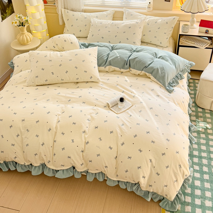 91家纺网 家纺一手货源 找家纺 纽缦家纺 2026新款云感提花双层纱韩版床单三件套四件套 相思蓝