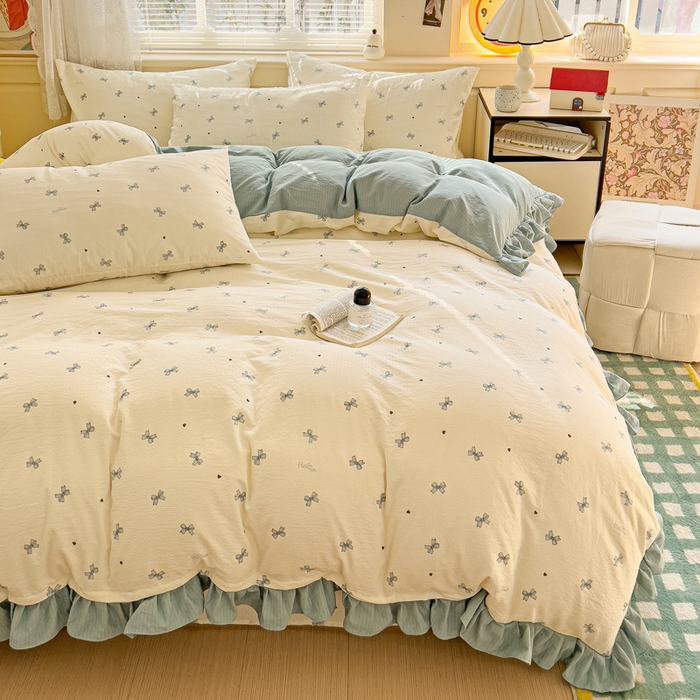 91家纺网 家纺一手货源 找家纺 纽缦家纺 2026新款云感提花双层纱韩版床单三件套四件套 相思蓝