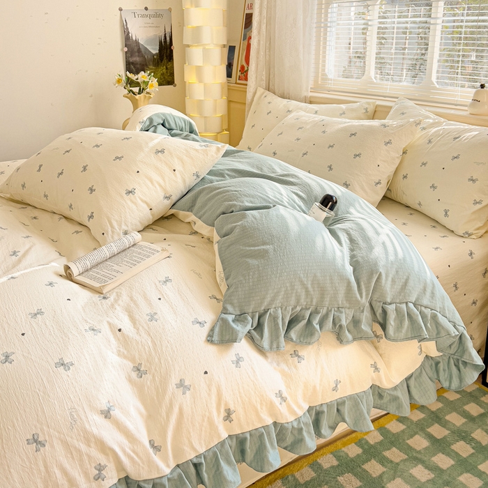 91家纺网 家纺一手货源 找家纺 纽缦家纺 2026新款云感提花双层纱韩版床单三件套四件套 相思蓝