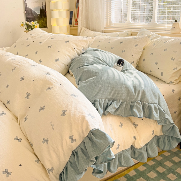 91家纺网 家纺一手货源 找家纺 纽缦家纺 2026新款云感提花双层纱韩版床单三件套四件套 相思蓝