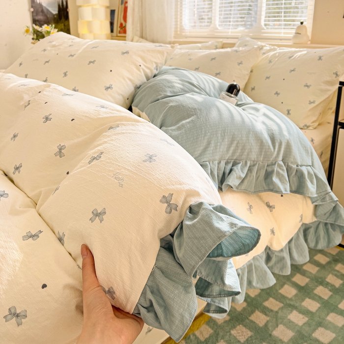 91家纺网 家纺一手货源 找家纺 纽缦家纺 2026新款云感提花双层纱韩版床单三件套四件套 相思蓝