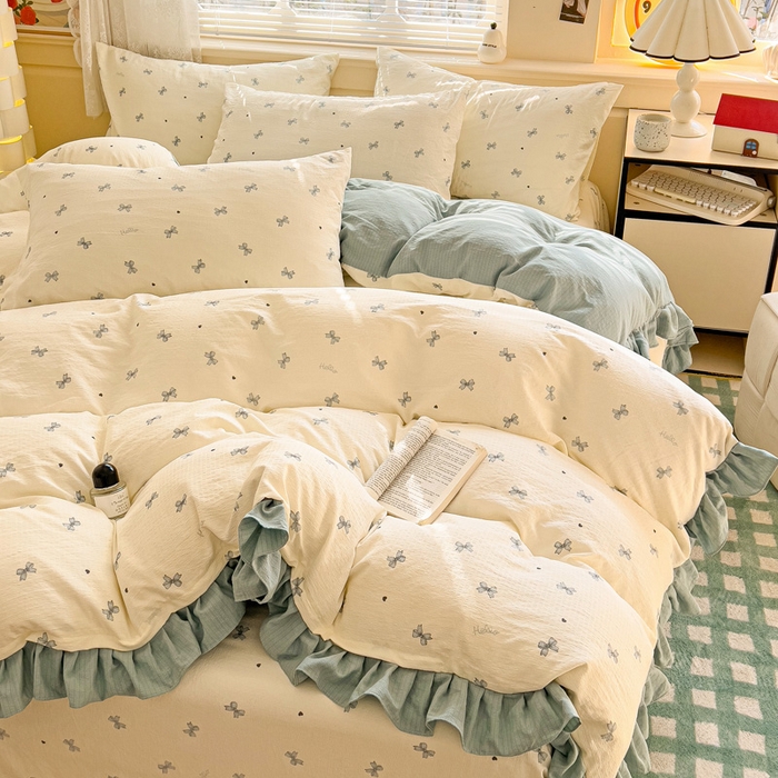 91家纺网 家纺一手货源 找家纺 纽缦家纺 2026新款云感提花双层纱韩版床单三件套四件套 相思蓝