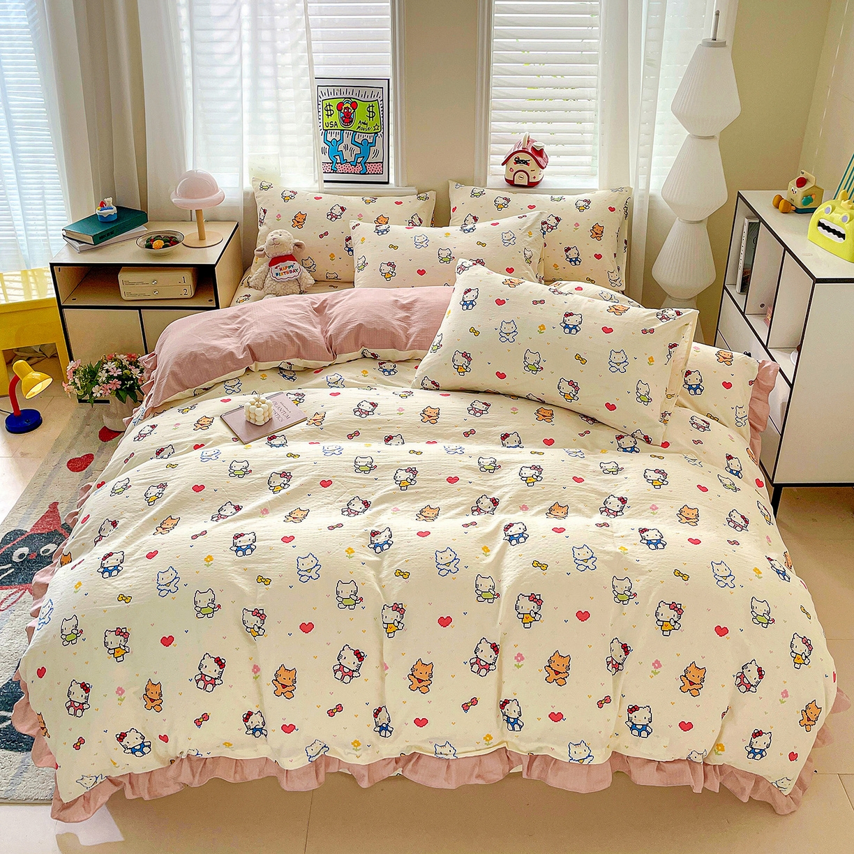 纽缦家纺 2026新款云感提花双层纱韩版床单三件套四件套 像素小猫