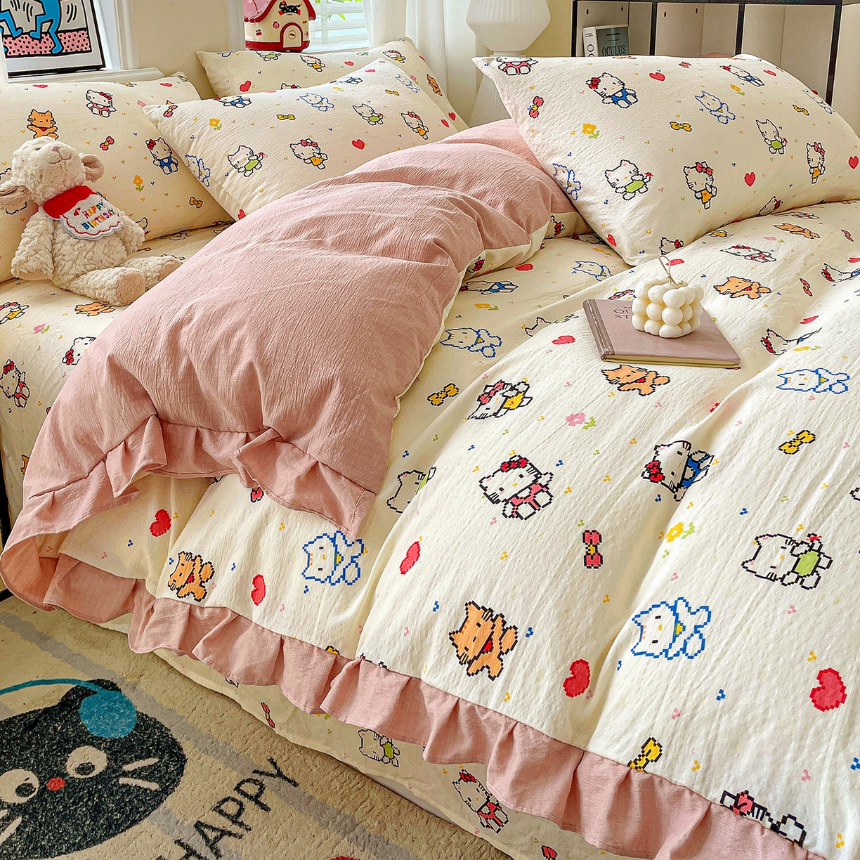 91家纺网 家纺一手货源 找家纺 纽缦家纺 2026新款云感提花双层纱韩版床单三件套四件套 像素小猫