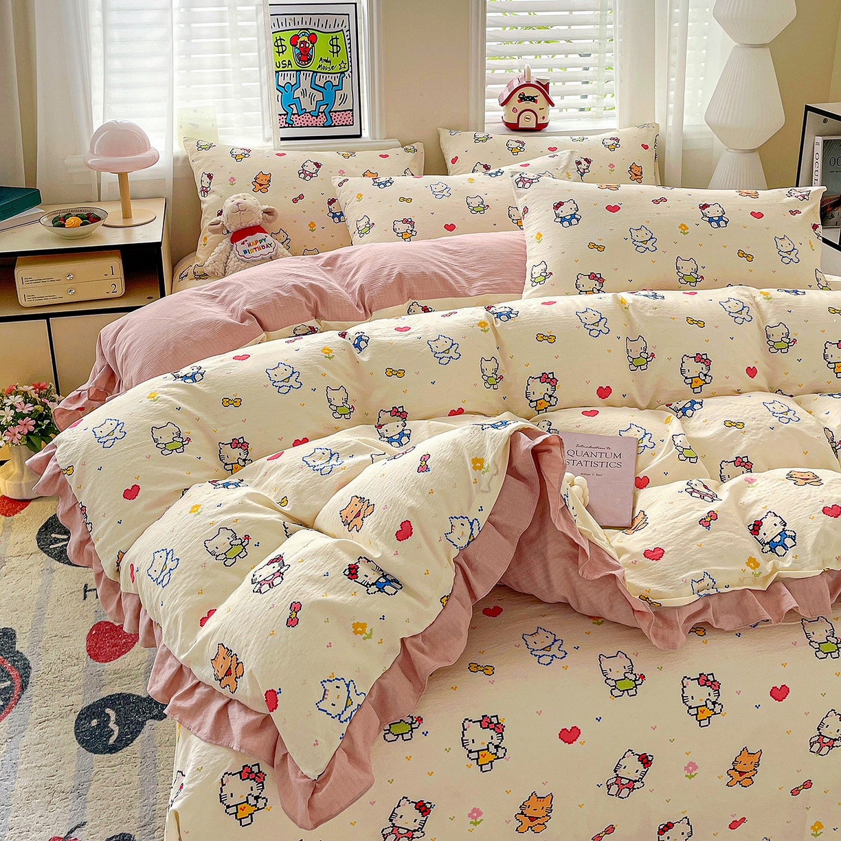 91家纺网 家纺一手货源 找家纺 纽缦家纺 2026新款云感提花双层纱韩版床单三件套四件套 像素小猫