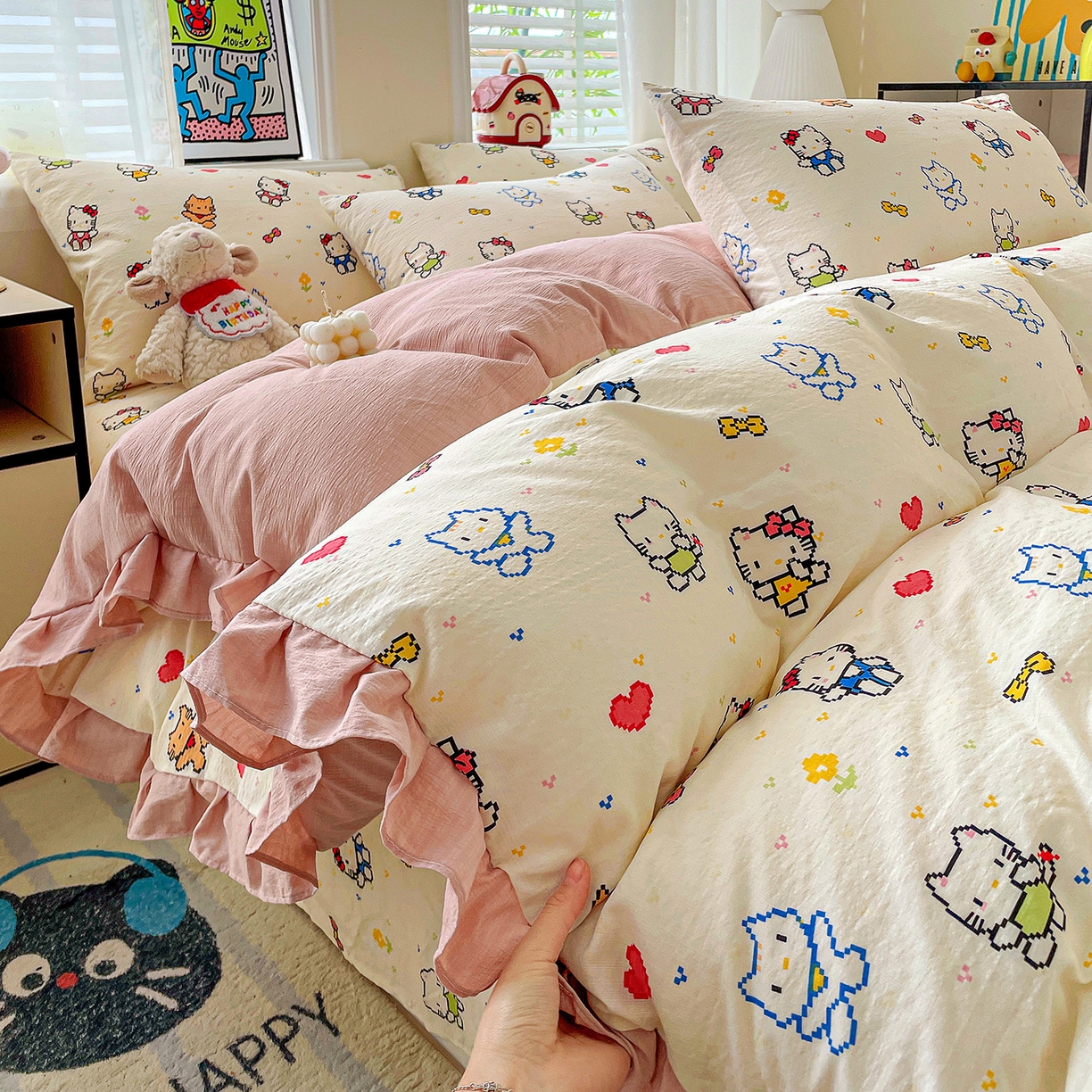 91家纺网 家纺一手货源 找家纺 纽缦家纺 2026新款云感提花双层纱韩版床单三件套四件套 像素小猫