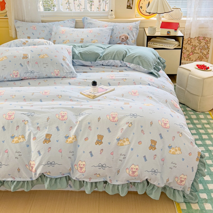 91家纺网 家纺一手货源 找家纺 纽缦家纺 2026新款云感提花双层纱韩版床单三件套四件套 小猫时光蓝