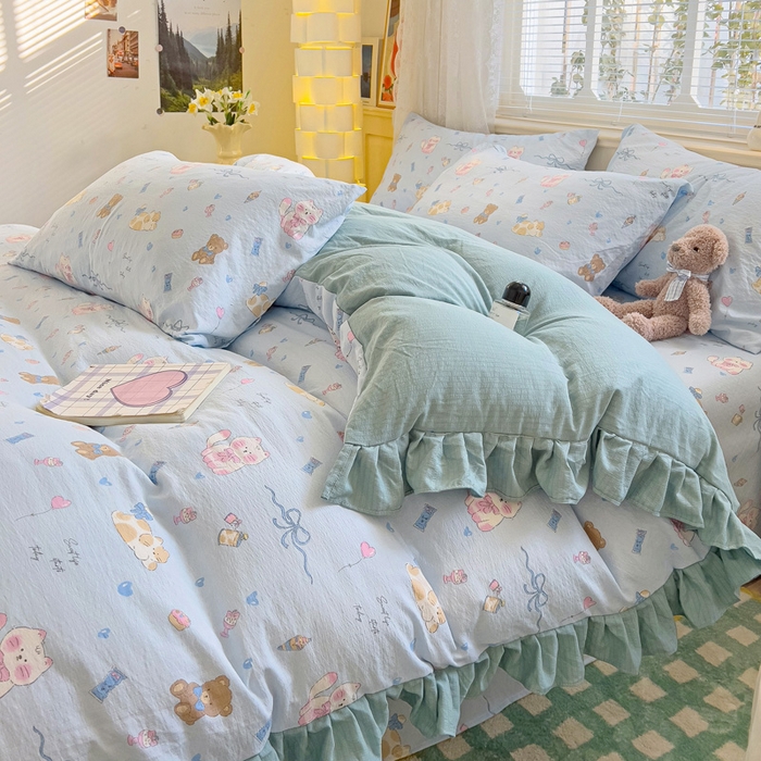 91家纺网 家纺一手货源 找家纺 纽缦家纺 2026新款云感提花双层纱韩版床单三件套四件套 小猫时光蓝