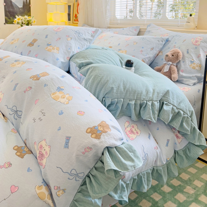 91家纺网 家纺一手货源 找家纺 纽缦家纺 2026新款云感提花双层纱韩版床单三件套四件套 小猫时光蓝