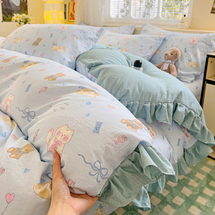 91家纺网 家纺一手货源 找家纺 纽缦家纺 2026新款云感提花双层纱韩版床单三件套四件套 小猫时光蓝