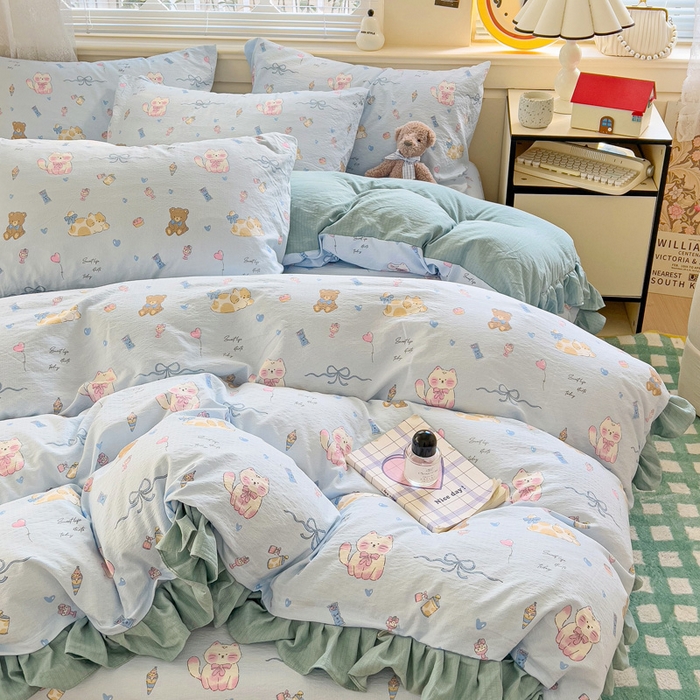 91家纺网 家纺一手货源 找家纺 纽缦家纺 2026新款云感提花双层纱韩版床单三件套四件套 小猫时光蓝