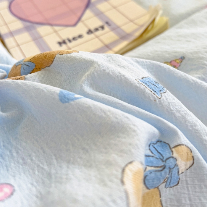 91家纺网 家纺一手货源 找家纺 纽缦家纺 2026新款云感提花双层纱韩版床单三件套四件套 小猫时光蓝