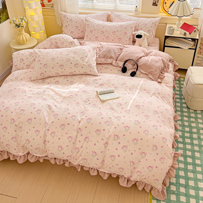 91家纺网 家纺一手货源 找家纺 纽缦家纺 2026新款云感提花双层纱韩版床单三件套四件套 小鸥鸥