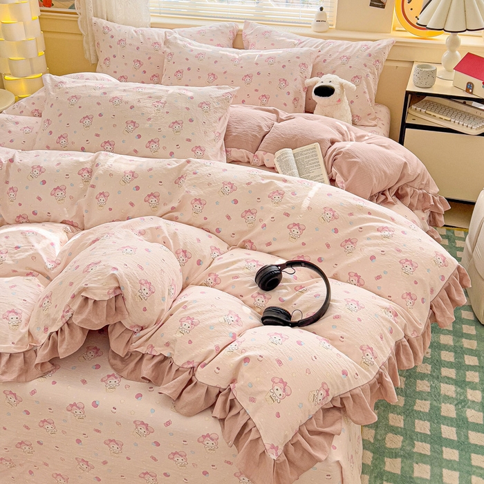 91家纺网 家纺一手货源 找家纺 纽缦家纺 2026新款云感提花双层纱韩版床单三件套四件套 小鸥鸥