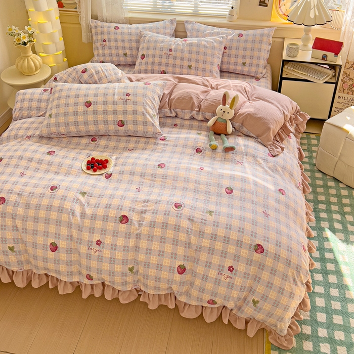 91家纺网 家纺一手货源 找家纺 纽缦家纺 2026新款云感提花双层纱韩版床单三件套四件套 有草莓的地方