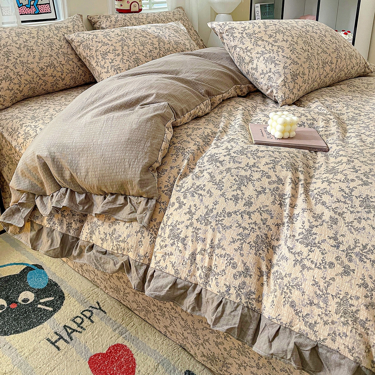 91家纺网 家纺一手货源 找家纺 纽缦家纺 2026新款云感提花双层纱韩版床单三件套四件套 竹韵花语