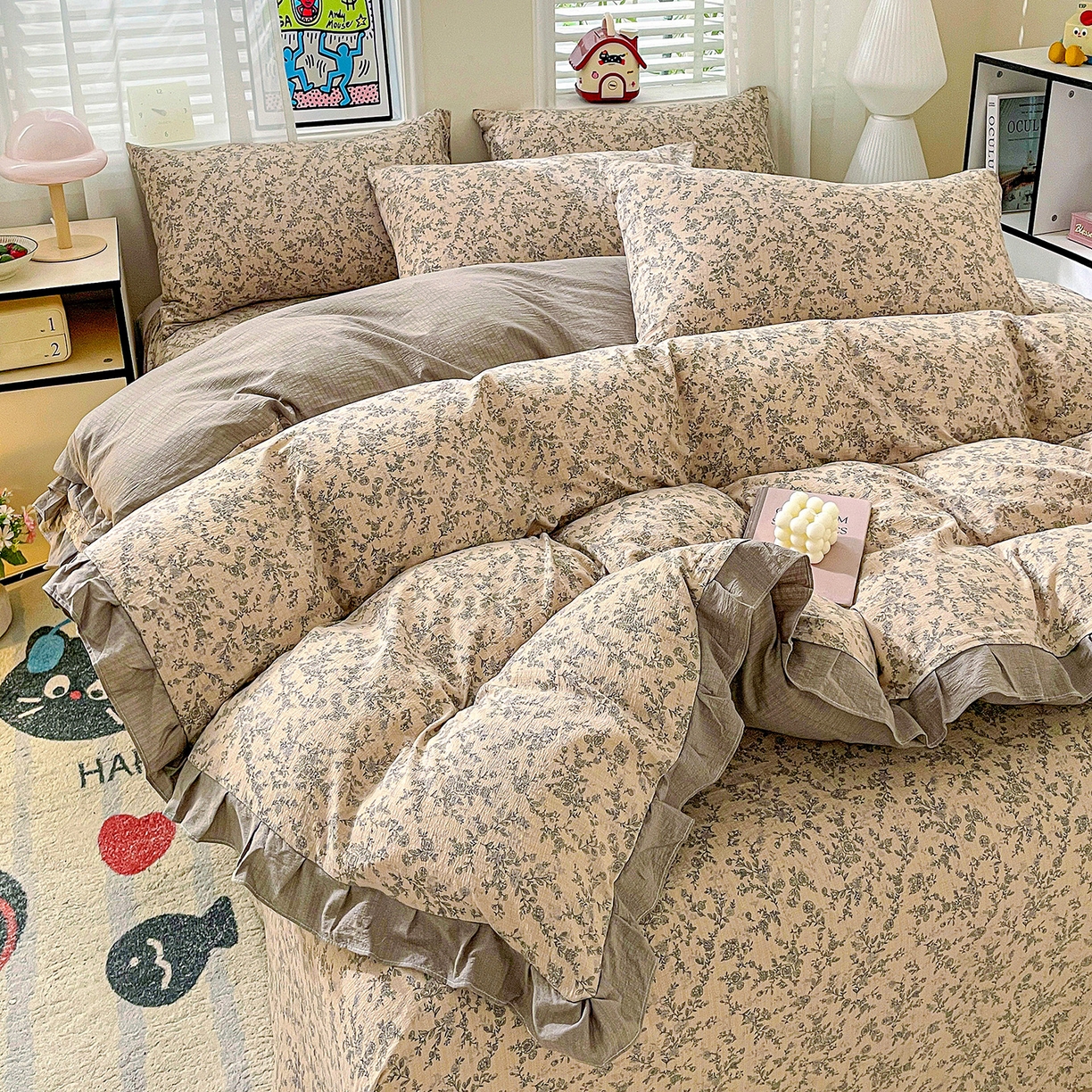 91家纺网 家纺一手货源 找家纺 纽缦家纺 2026新款云感提花双层纱韩版床单三件套四件套 竹韵花语