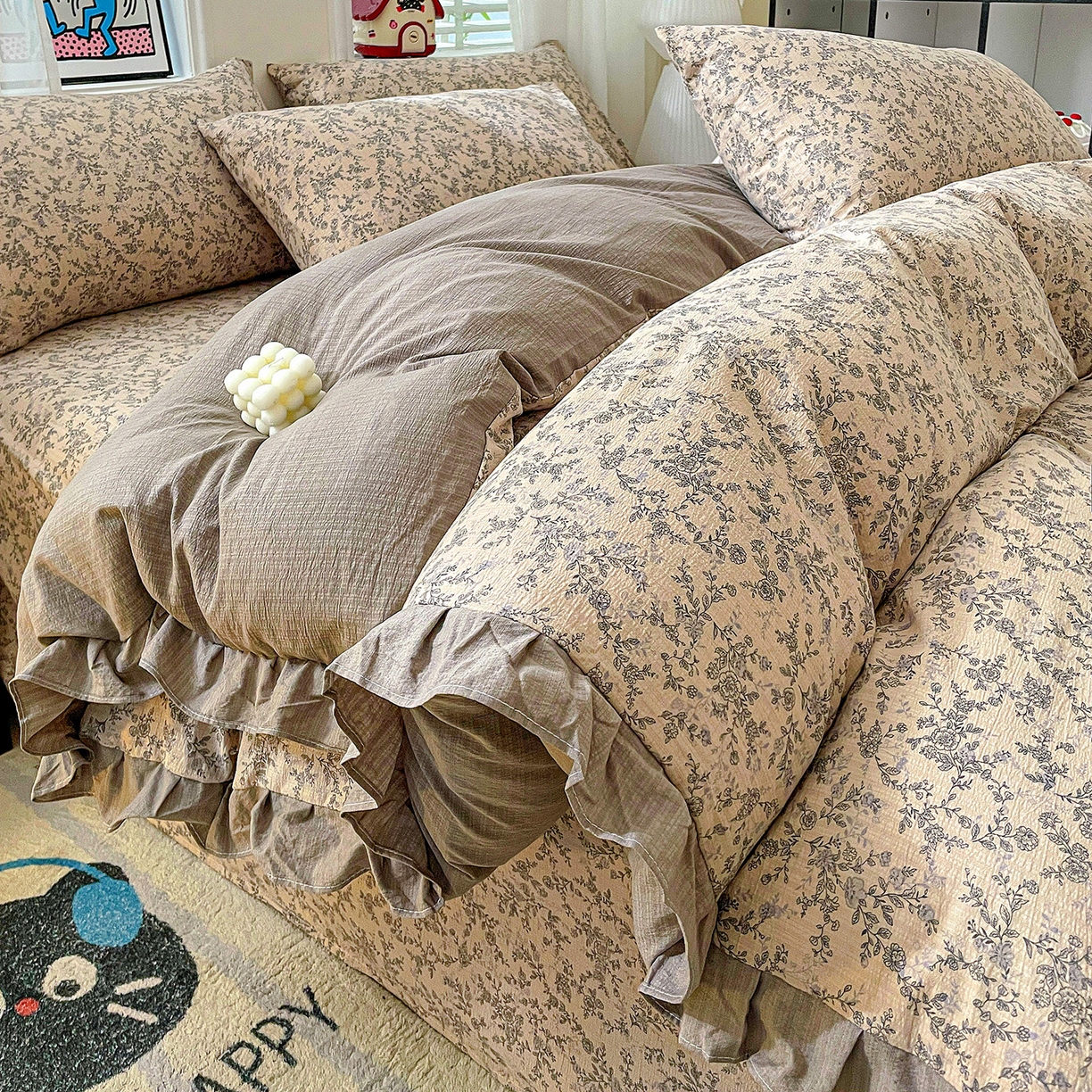 91家纺网 家纺一手货源 找家纺 纽缦家纺 2026新款云感提花双层纱韩版床单三件套四件套 竹韵花语