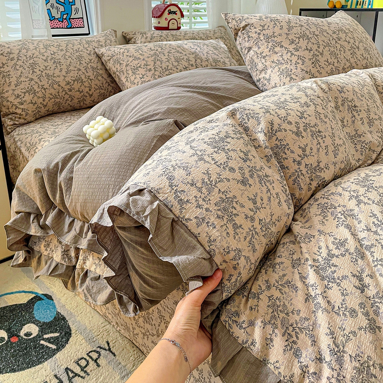 91家纺网 家纺一手货源 找家纺 纽缦家纺 2026新款云感提花双层纱韩版床单三件套四件套 竹韵花语