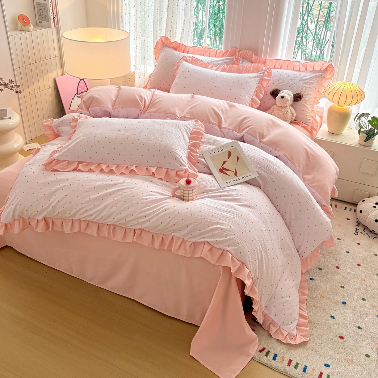 91家纺网 家纺一手货源 找家纺 铠畅 2026春夏新款锦朵系列 韩版水洗棉小清新古棉床单床笠四件套 锦朵 粉雾点