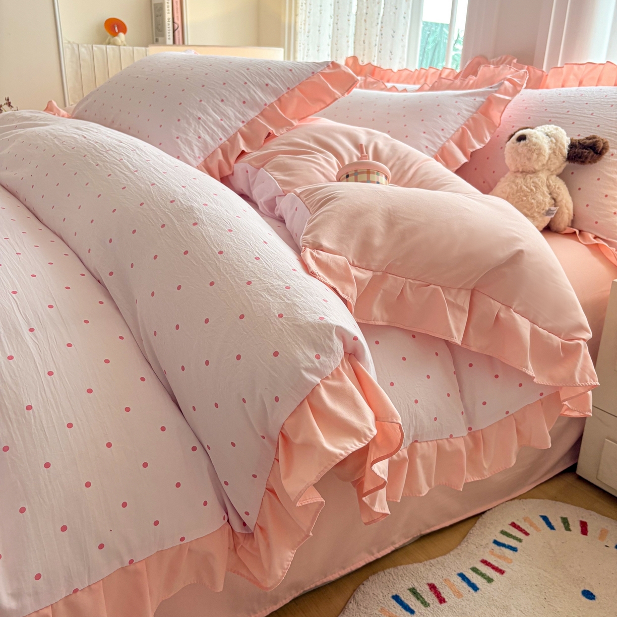 铠畅 2026春夏新款锦朵系列 韩版水洗棉小清新古棉床单床笠四件套 锦朵 粉雾点