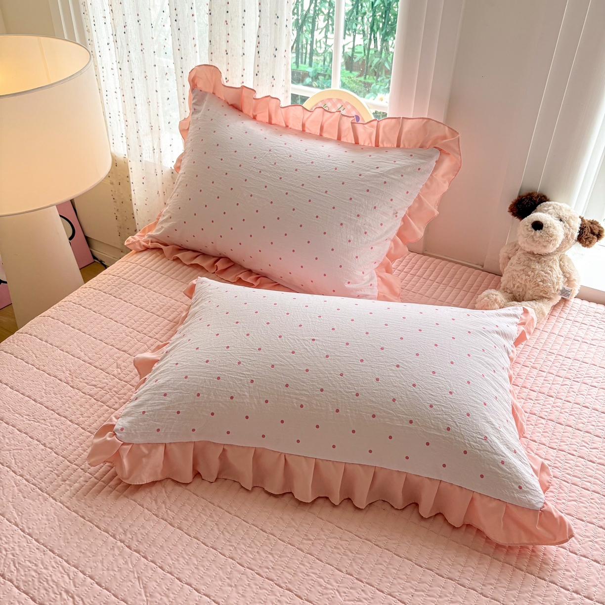 91家纺网 家纺一手货源 找家纺 铠畅 2026春夏新款锦朵系列 韩版水洗棉小清新古棉床单床笠四件套 锦朵 粉雾点