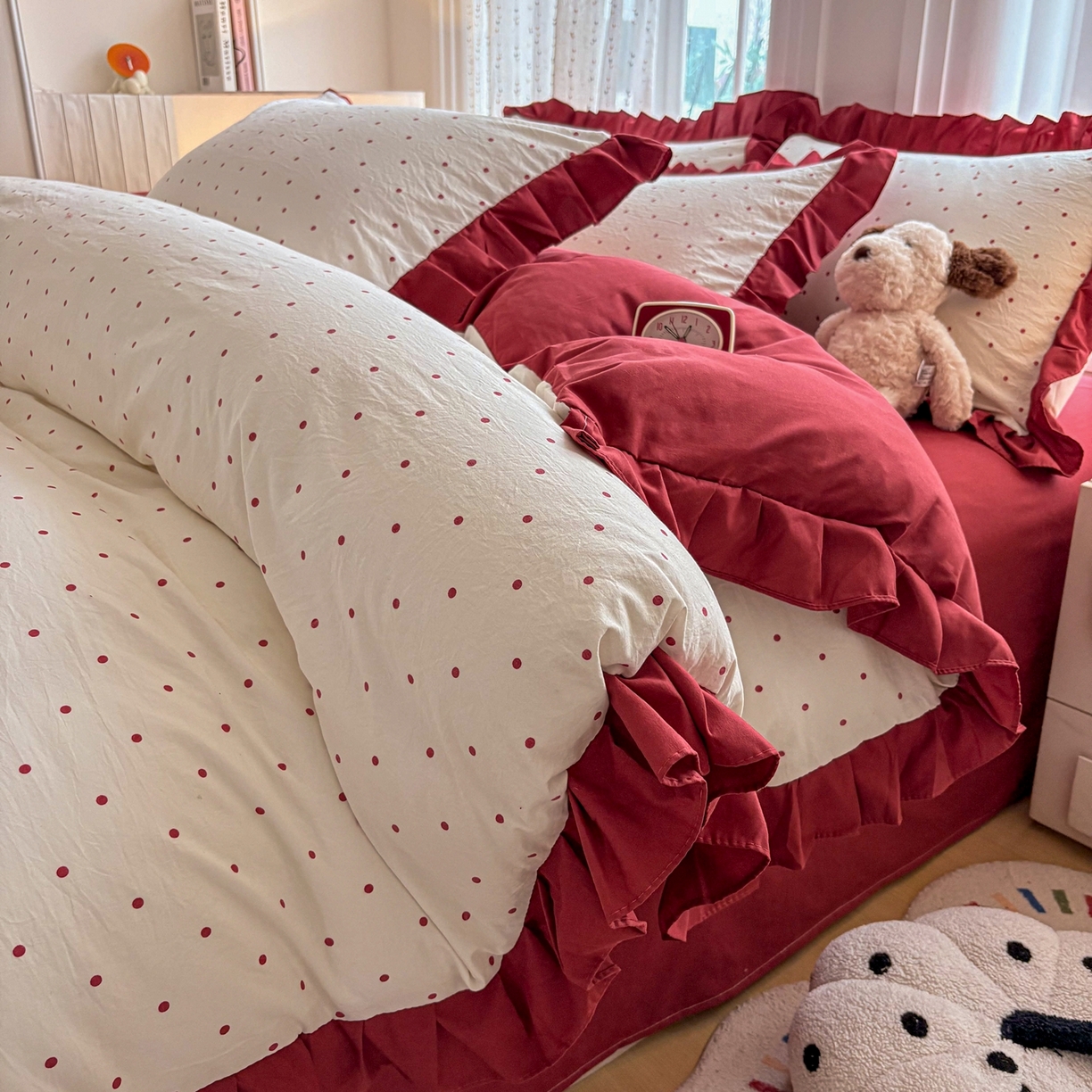 铠畅 2026春夏新款锦朵系列 韩版水洗棉小清新古棉床单床笠四件套 锦朵 红波甜梦