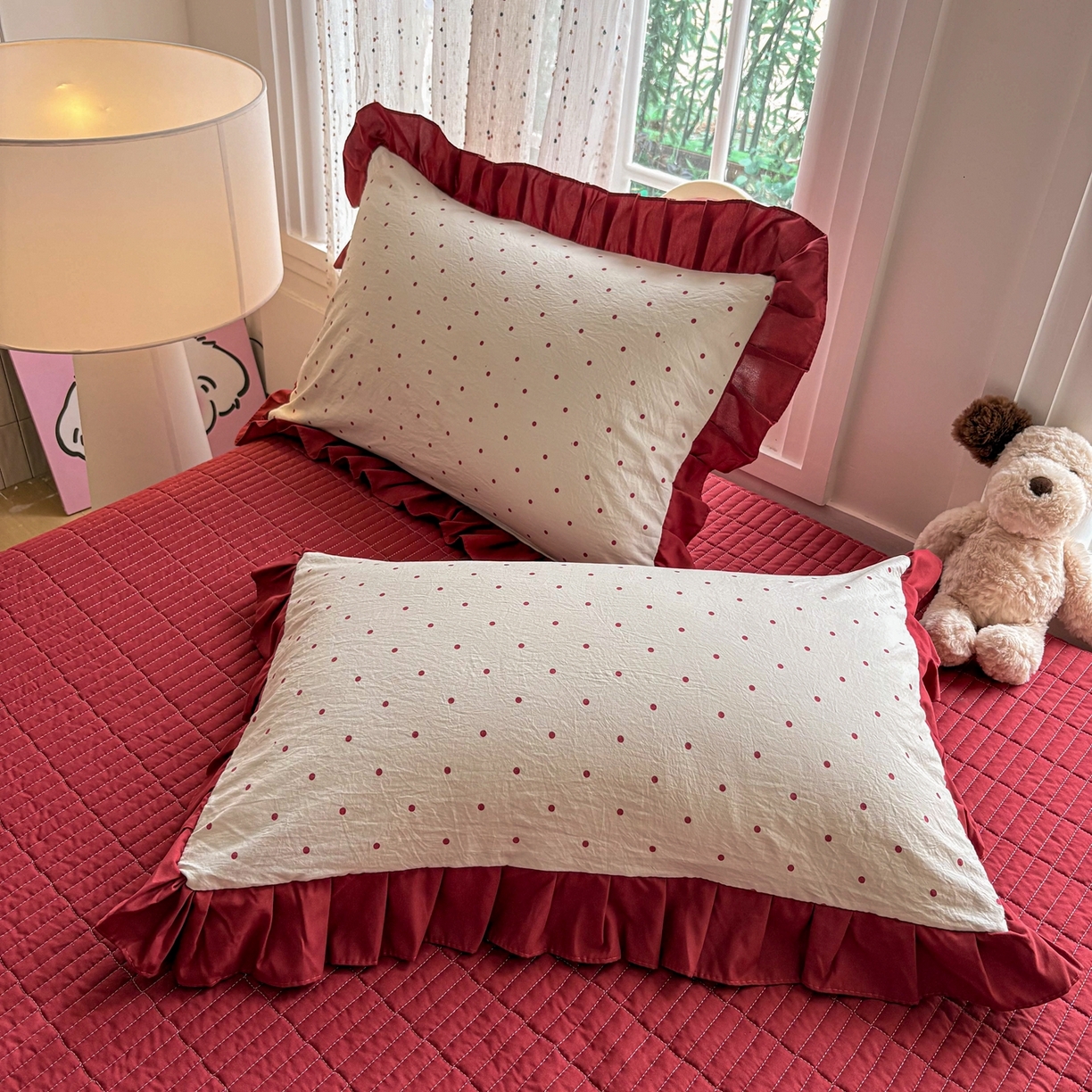 91家纺网 家纺一手货源 找家纺 铠畅 2026春夏新款锦朵系列 韩版水洗棉小清新古棉床单床笠四件套 锦朵 红波甜梦