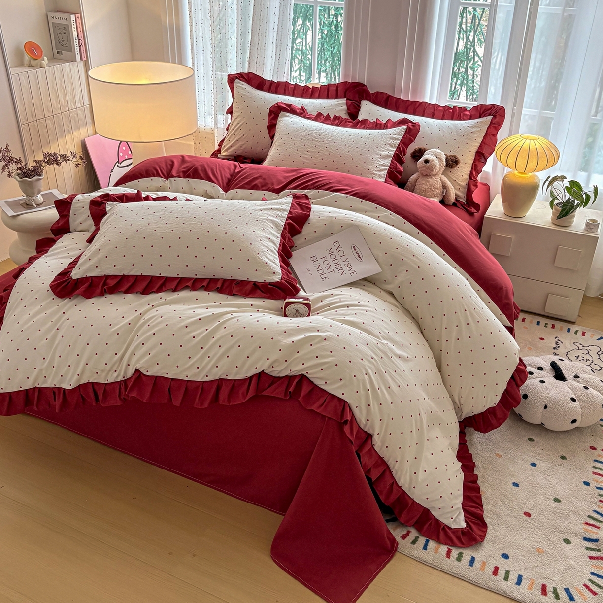 91家纺网 家纺一手货源 找家纺 铠畅 2026春夏新款锦朵系列 韩版水洗棉小清新古棉床单床笠四件套 锦朵 红波甜梦