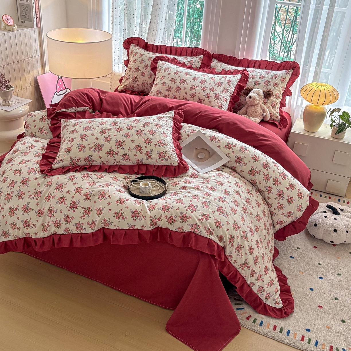 91家纺网 家纺一手货源 找家纺 铠畅 2026春夏新款锦朵系列 韩版水洗棉小清新古棉床单床笠四件套 锦朵 花漾粉