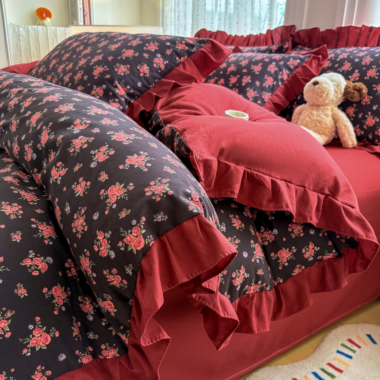 铠畅 2026春夏新款锦朵系列 韩版水洗棉小清新古棉床单床笠四件套 锦朵 花漾红