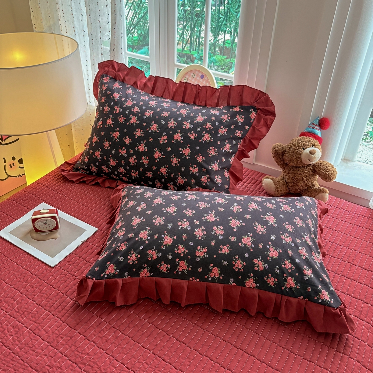 91家纺网 家纺一手货源 找家纺 铠畅 2026春夏新款锦朵系列 韩版水洗棉小清新古棉床单床笠四件套 锦朵 花漾红