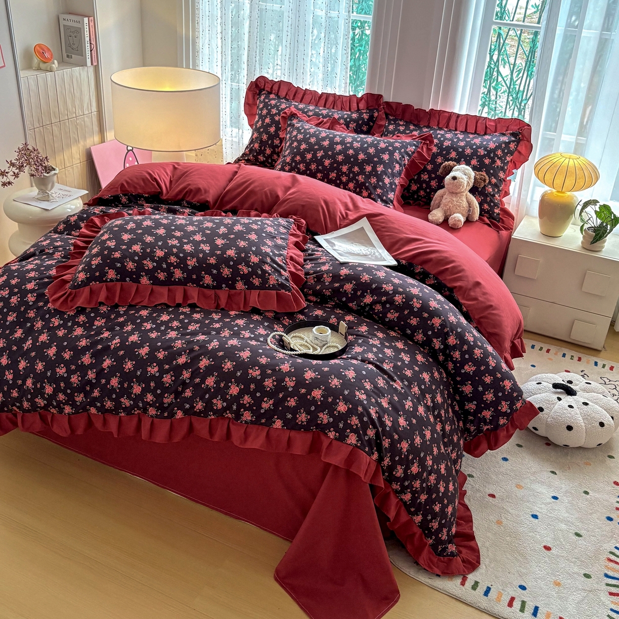 91家纺网 家纺一手货源 找家纺 铠畅 2026春夏新款锦朵系列 韩版水洗棉小清新古棉床单床笠四件套 锦朵 花漾红