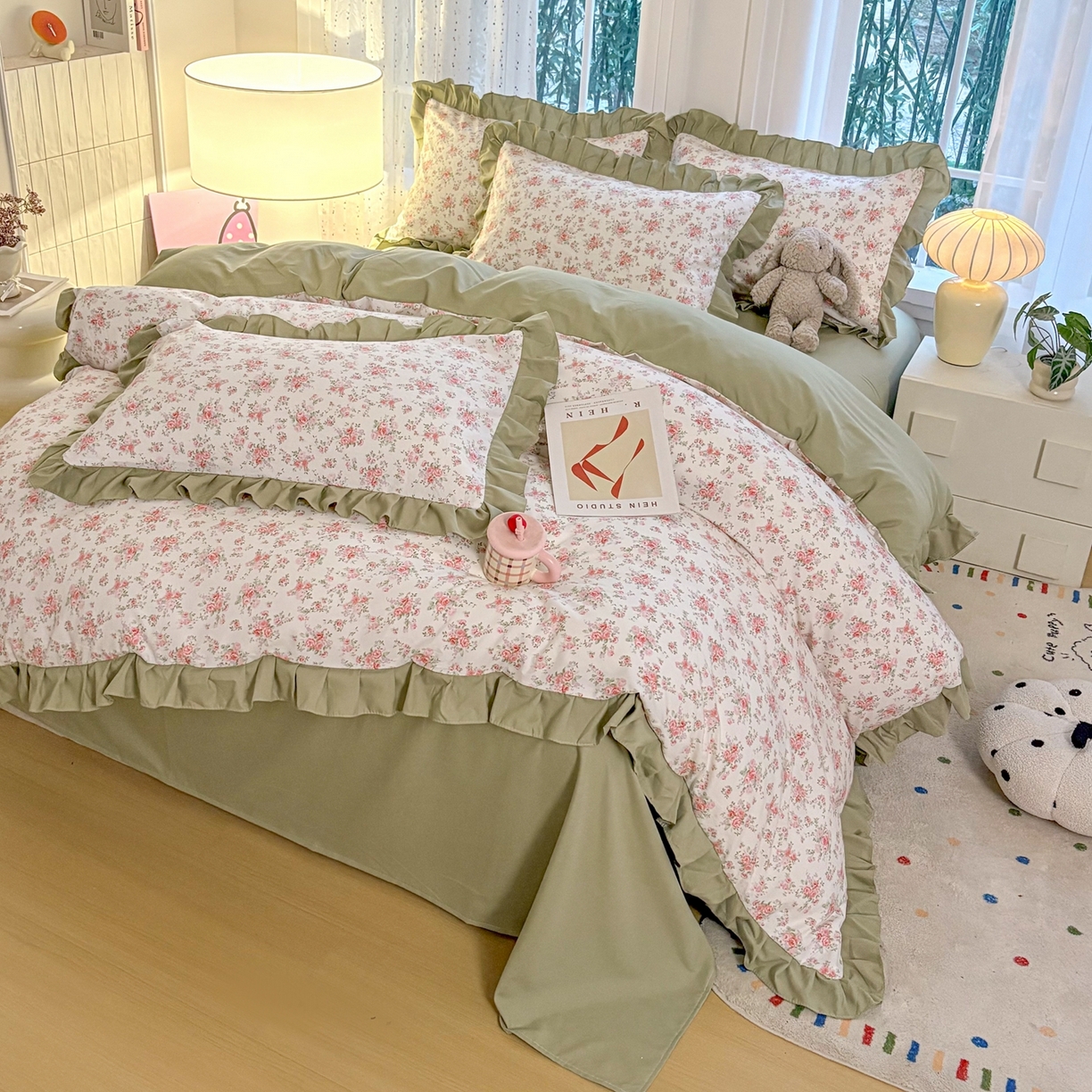 91家纺网 家纺一手货源 找家纺 铠畅 2026春夏新款锦朵系列 韩版水洗棉小清新古棉床单床笠四件套 锦朵 花漾青禾