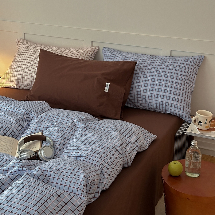 山茶家居-原创设计 2026春夏新款简约全棉纯棉格子印花四件套-莫里亚 莫里亚-蓝格
