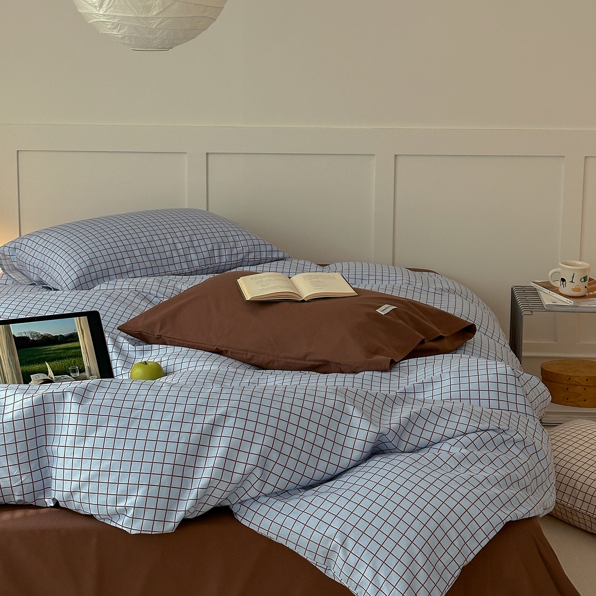 91家纺网 家纺一手货源 找家纺 山茶家居-原创设计 2026春夏新款简约全棉纯棉格子印花四件套-莫里亚 莫里亚-蓝格