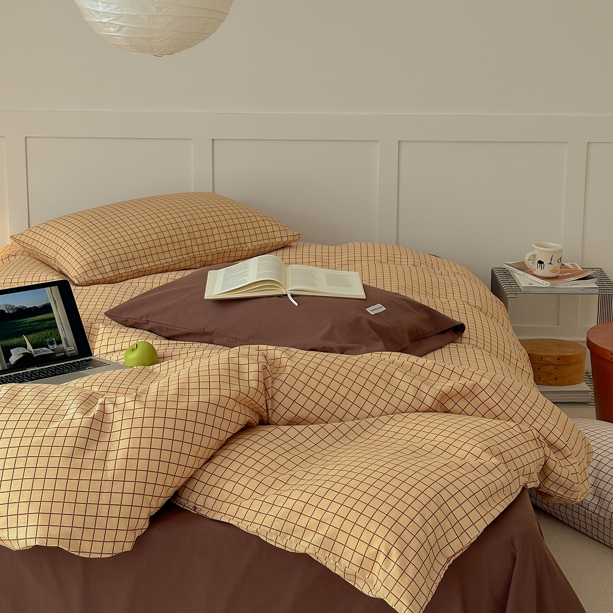 91家纺网 家纺一手货源 找家纺 山茶家居-原创设计 2026春夏新款简约全棉纯棉格子印花四件套-莫里亚 莫里亚-咖格